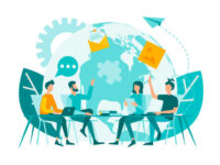 Worldwide teamwork, corporate meeting. Roundtable office meeting. Coworking center. Social media connection Concept vector illustration