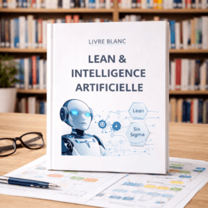 Livre blanc CoLean sur le Lean et l’Intelligence Artificielle posé sur un bureau, avec une bibliothèque en arrière-plan