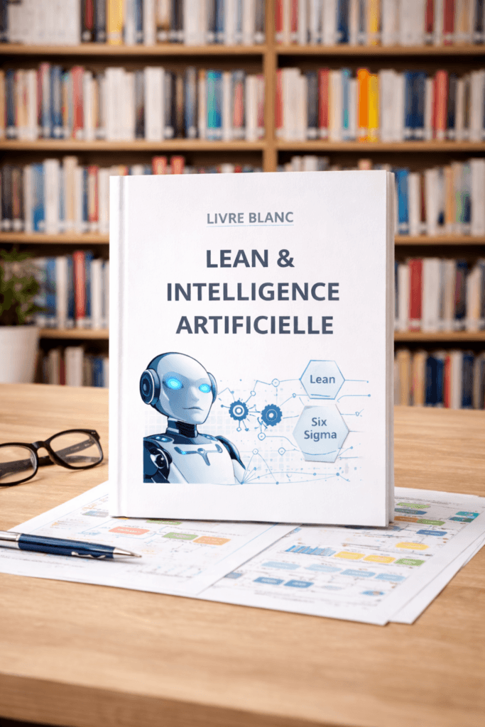 Livre blanc CoLean sur le Lean et l’Intelligence Artificielle posé sur un bureau, avec une bibliothèque en arrière-plan