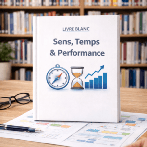 Livre blanc CoLean « Sens, Temps & Performance » posé sur un bureau, avec des symboles de gestion du temps et de performance