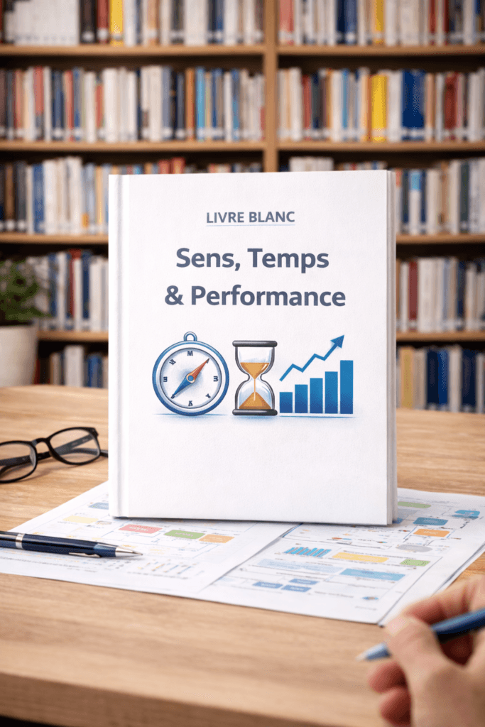 Livre blanc CoLean « Sens, Temps & Performance » posé sur un bureau, avec des symboles de gestion du temps et de performance