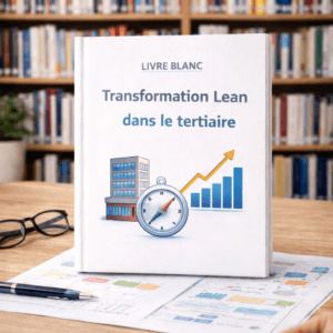 Livre blanc CoLean sur la transformation Lean dans le tertiaire posé sur un bureau, avec des symboles de performance et d’évolution