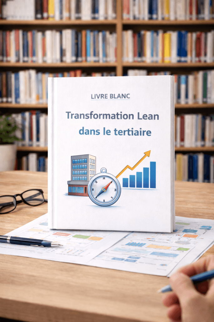 Livre blanc CoLean sur la transformation Lean dans le tertiaire posé sur un bureau, avec des symboles de performance et d’évolution