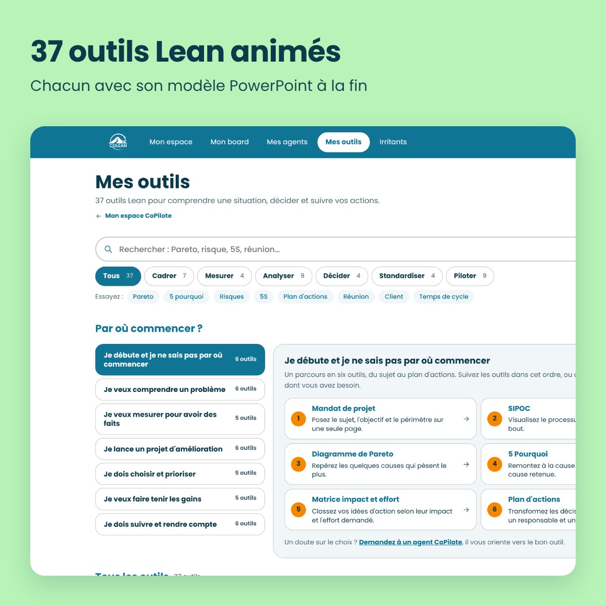 Mes outils : 37 outils Lean animés inclus dans CoPilote