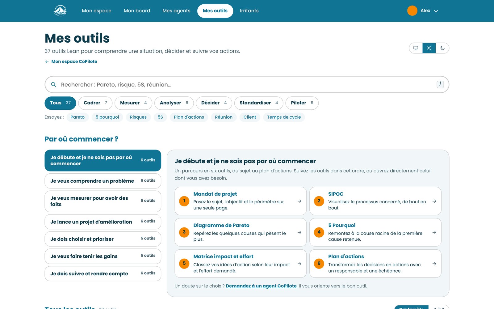 Mes outils : recherche, familles et parcours guidé pour choisir parmi les 37 outils Lean de CoPilote